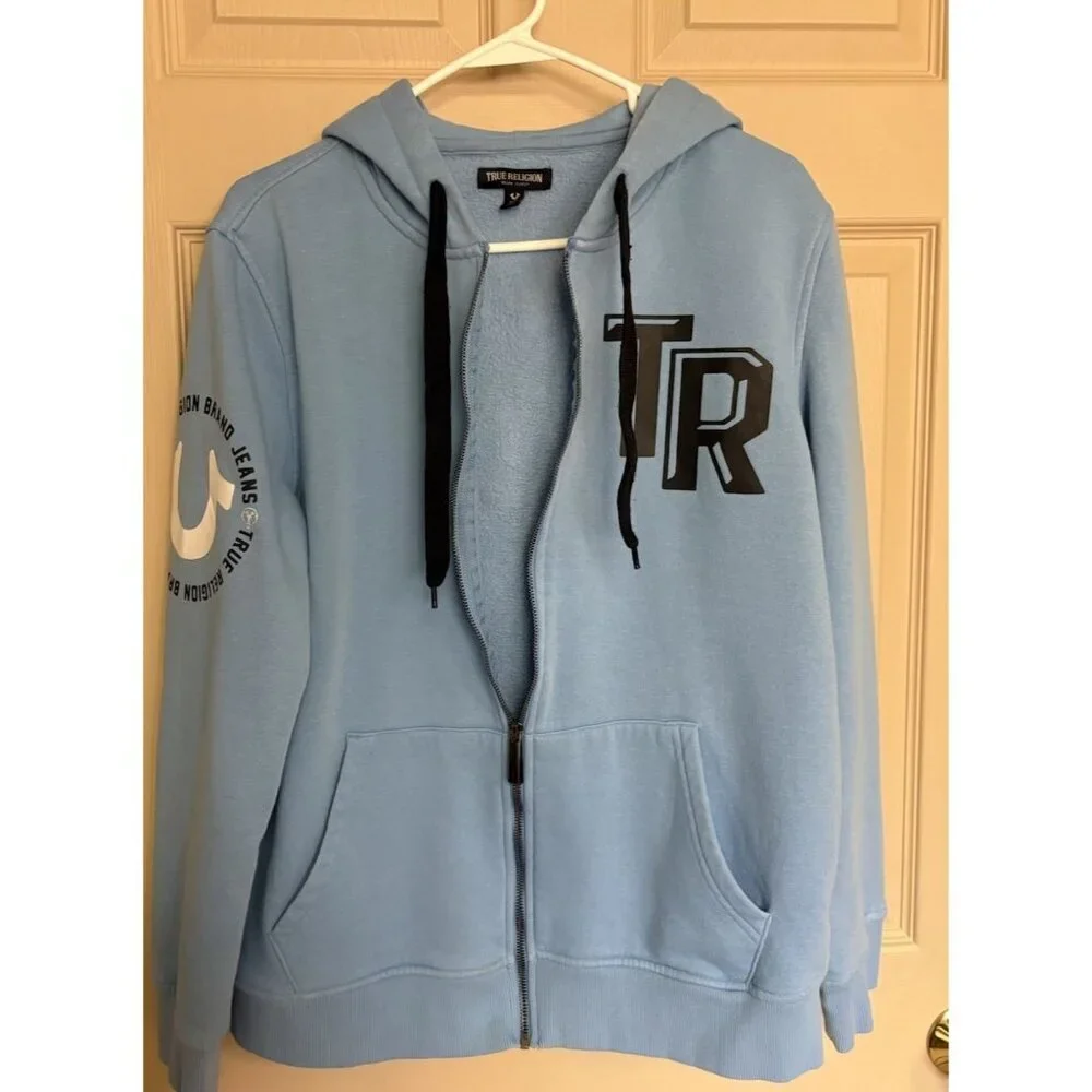 True Religion Men's Blue Full Zip Cotton Hoodie with Logo, Hooded, Size Medium